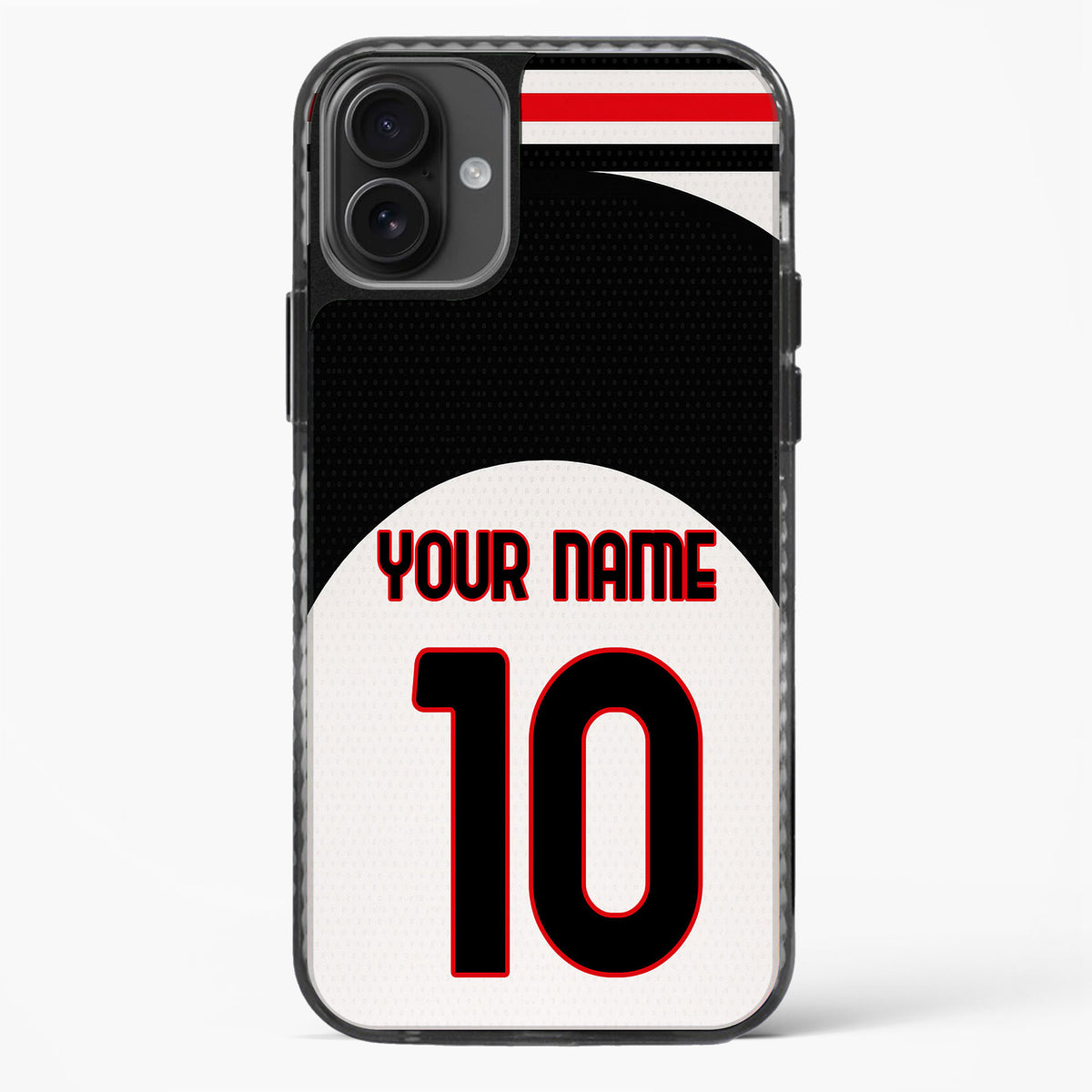 Phone case with customizable text on a black, white, and red background