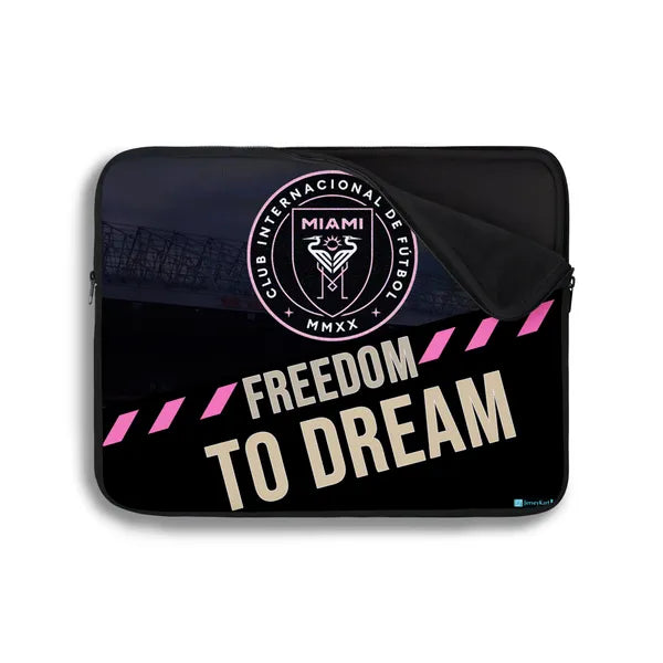 Laptop sleeve with Club Inter Miami logo and 'Freedom to Dream' text on a black background