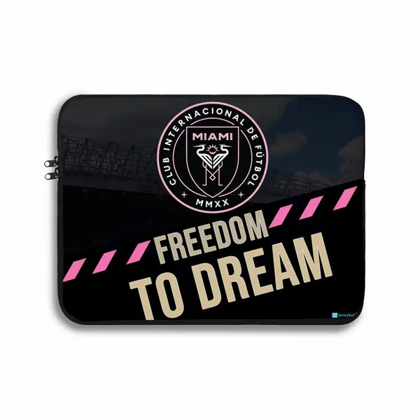 Laptop sleeve with Club Internacional de Fótbol Miami logo and 'Freedom to Dream' text on a black background