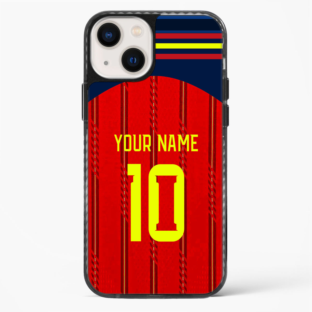 Phone case with red and blue design, yellow number 10, and customizable text on a white background