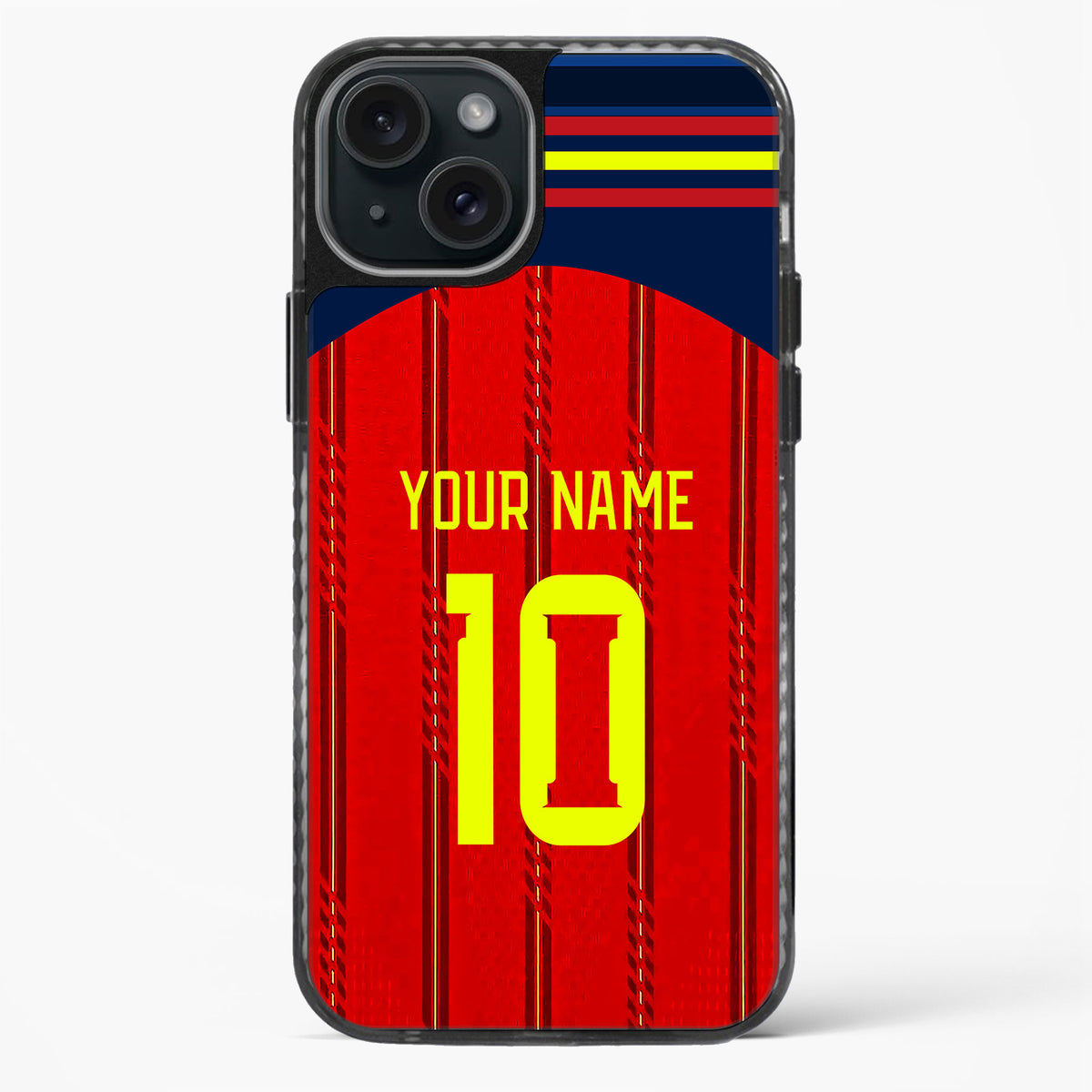 Phone case with red and blue design, yellow number 10, and customizable text on a white background