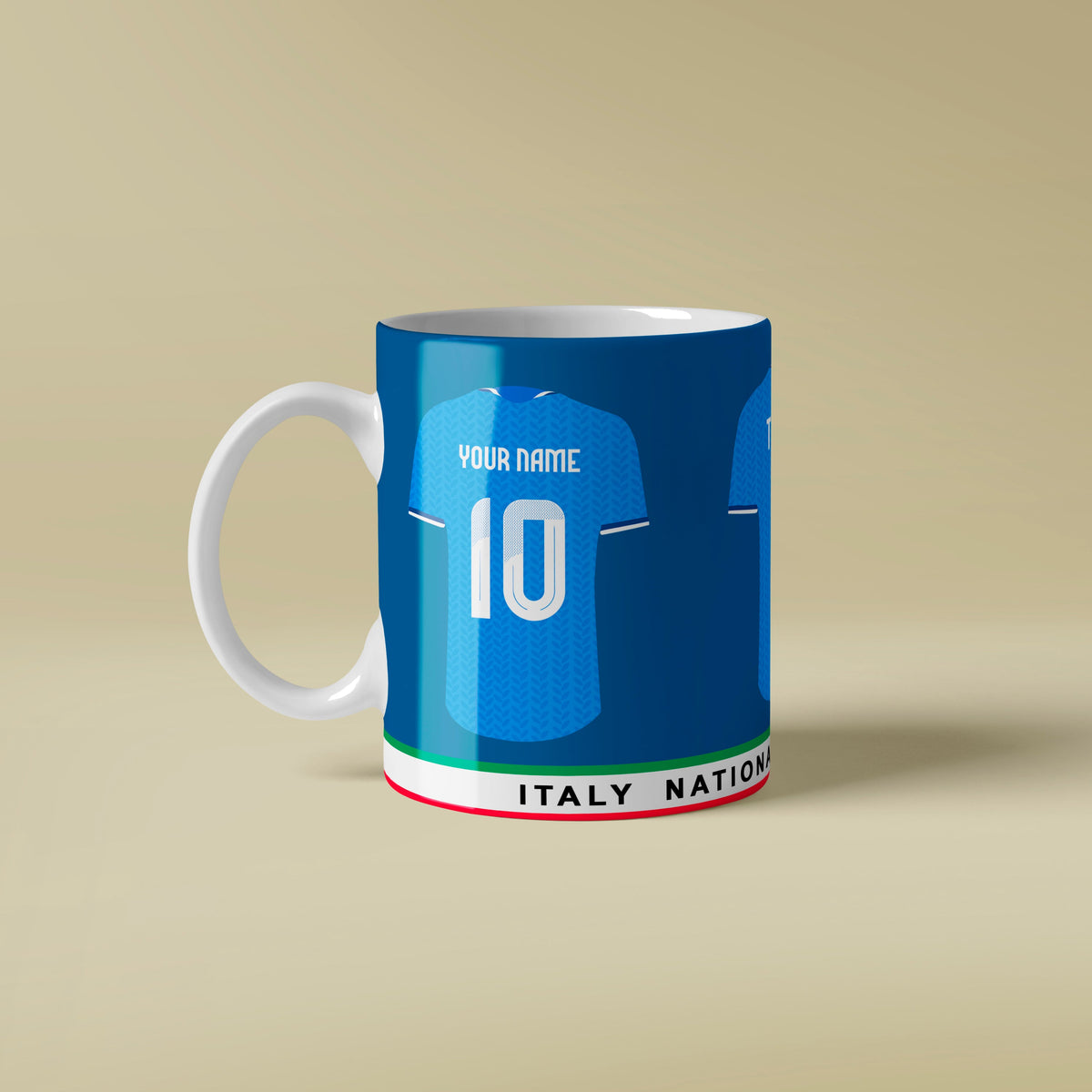 Mug designed like a Italy soccer jersey on a beige background