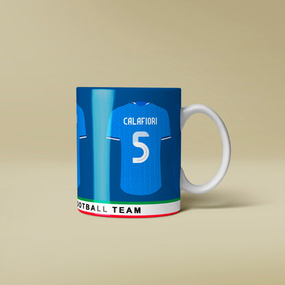 Mug with a design of a football jersey on a beige background