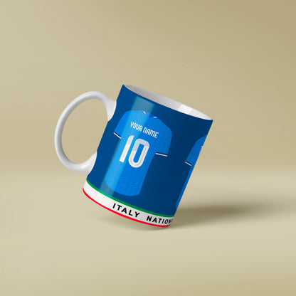 Mug designed like a soccer jersey with Italy national team colors on a beige background