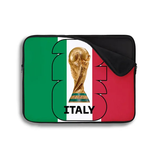 Laptop sleeve with Italian flag and World Cup trophy design on a white background