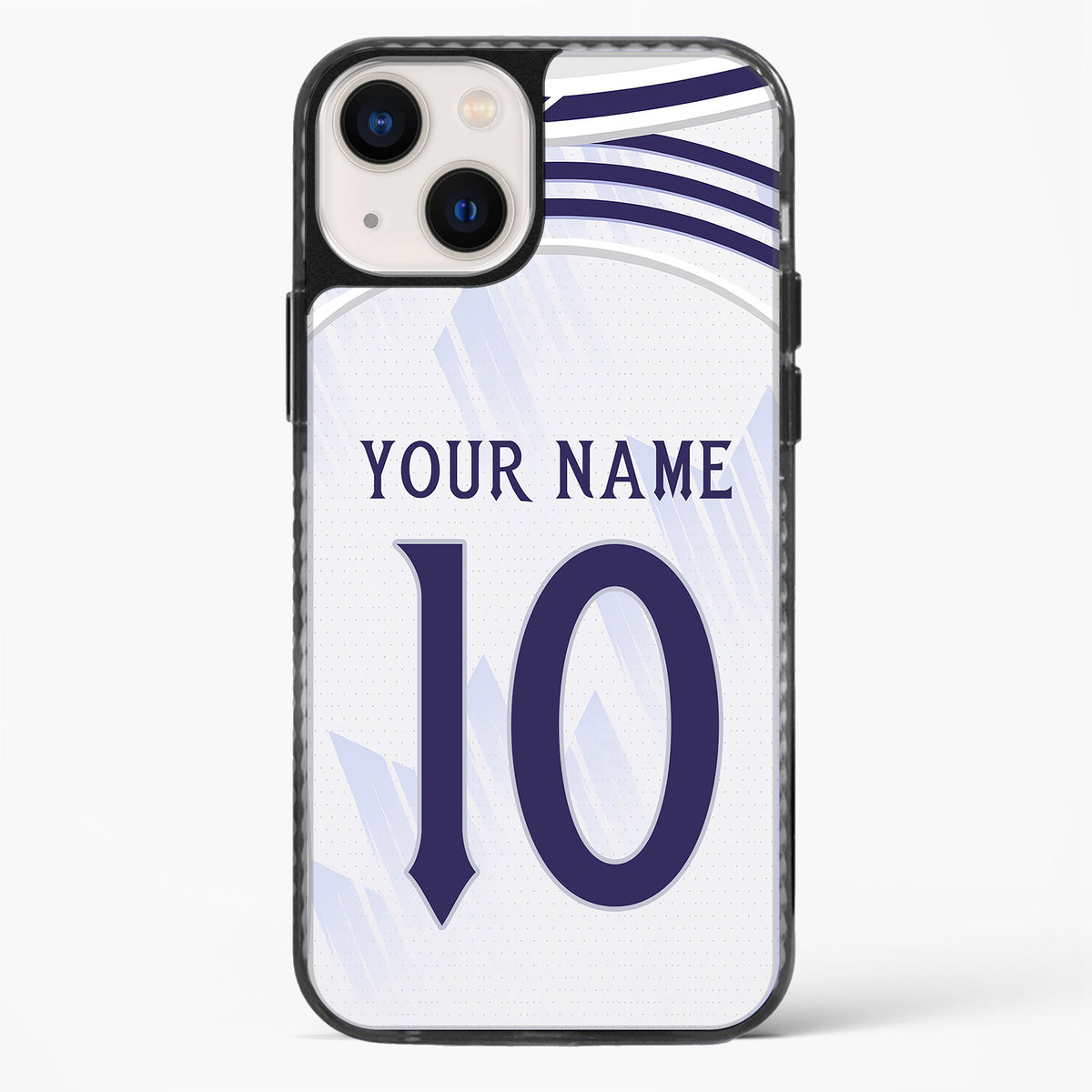 Phone case with a sports jersey design, customizable text, on a white background