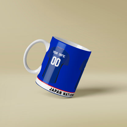 Mug designed like a sports jersey with 'Japan National' text on a beige background
