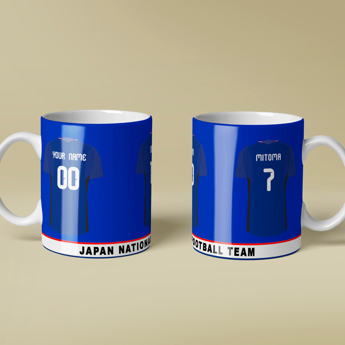 Two blue and white mugs with soccer jersey designs on a beige background
