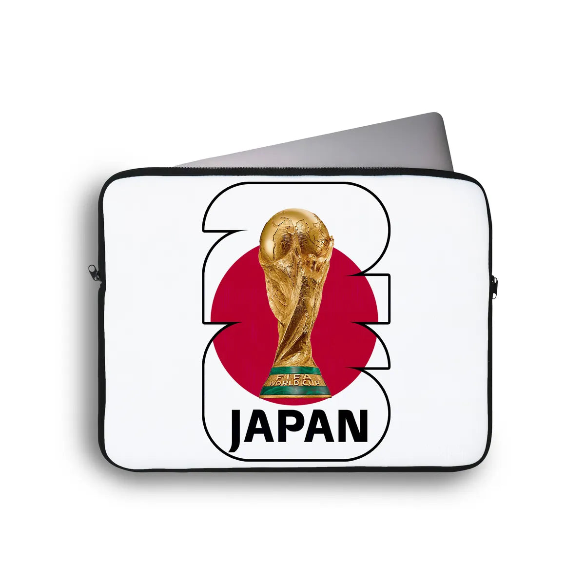 Laptop sleeve with World Cup trophy and 'Japan' text on a white background