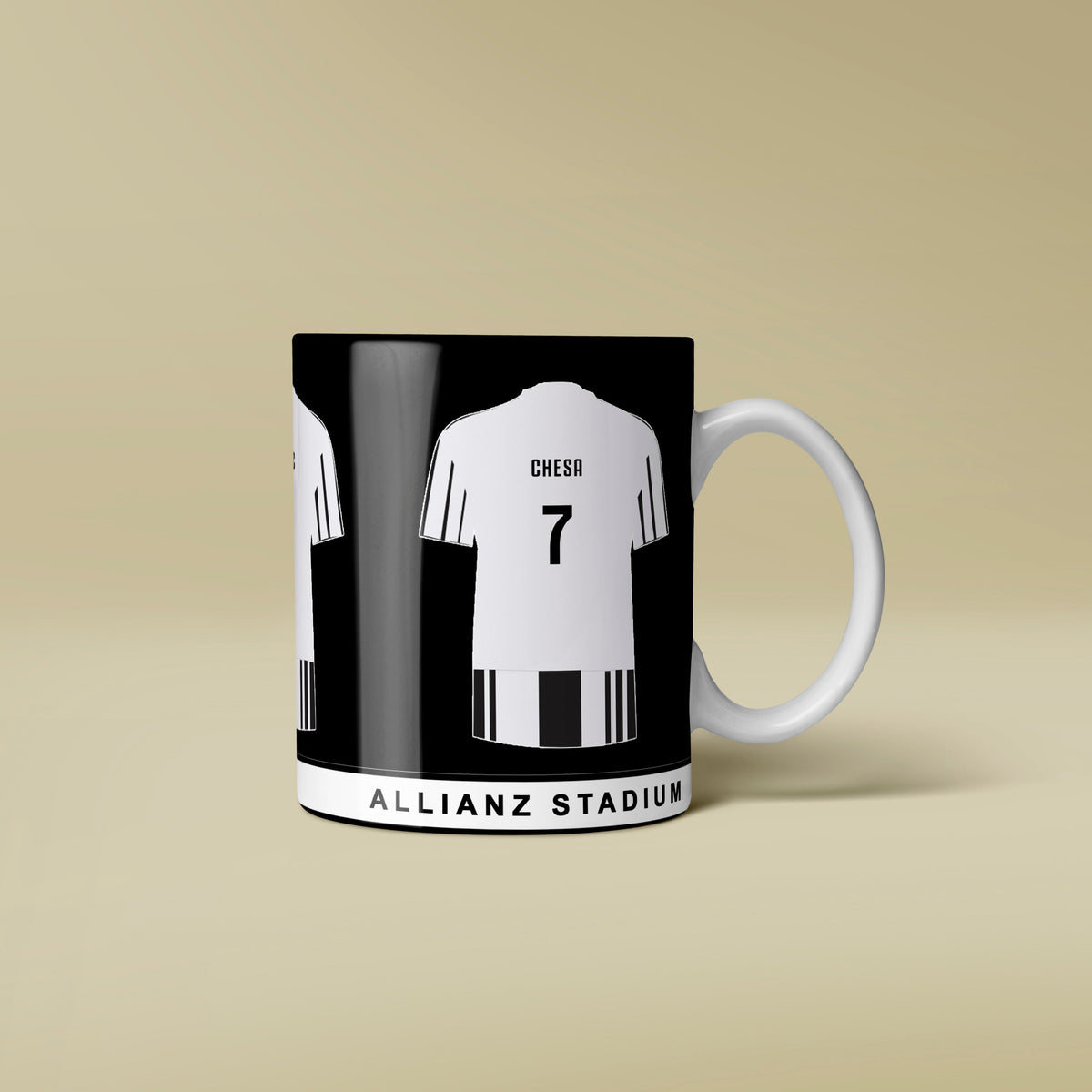 Mug with soccer jersey design on a beige background