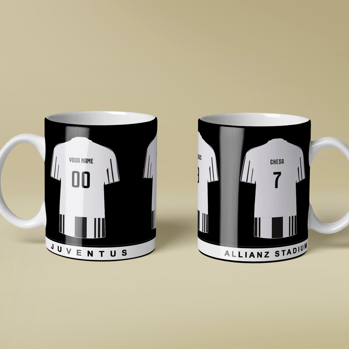 Two mugs with Juventus soccer jersey design on a beige background