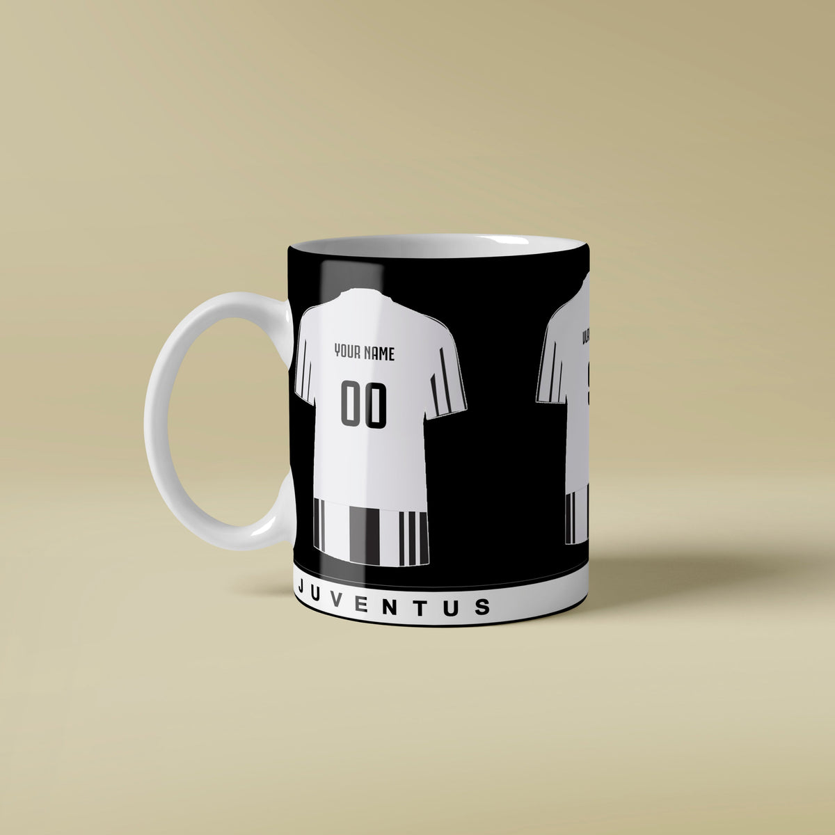Mug with Juventus football jersey design on a beige background