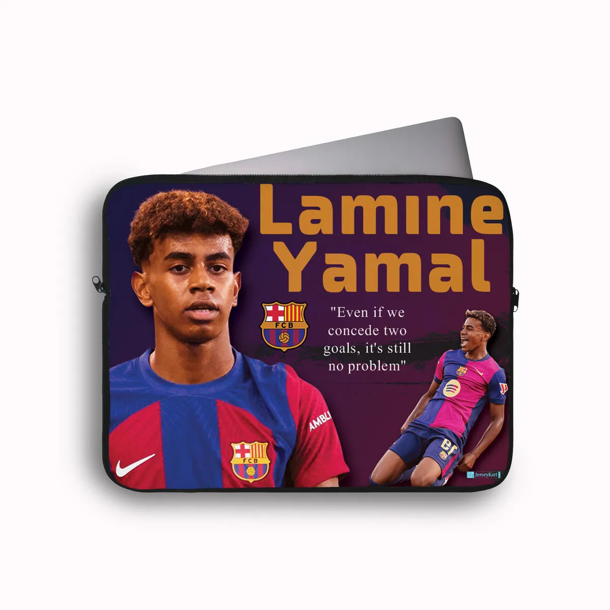 Laptop sleeve with a soccer player and text on a white background