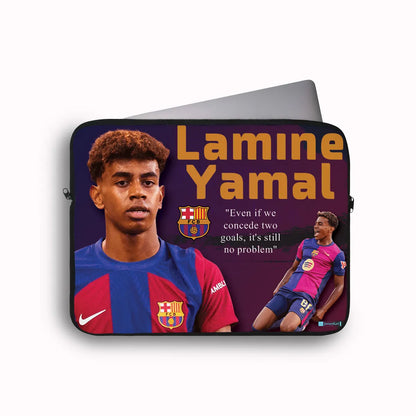 Laptop sleeve with a soccer player and text on a white background
