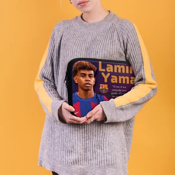 Person holding a pouch with a portrait and text of a football player on a yellow background