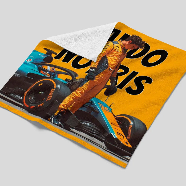 Fleece blanket with a Formula 1 car and driver on a gray background