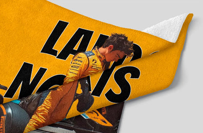 Pillow with a racing driver and 'Lafayette' branding on a yellow background
