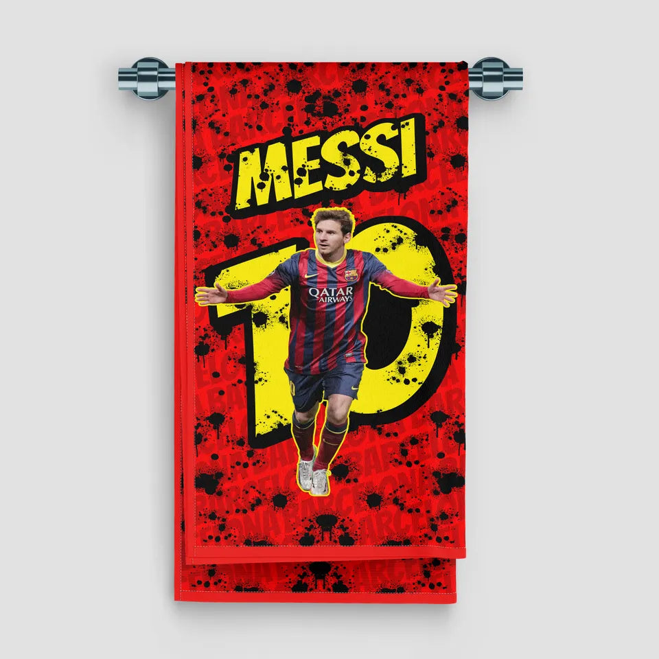 Towel with a soccer player in a red and blue uniform on a red background with 'Messi' and number '10'.