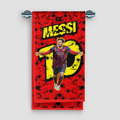 Towel with a soccer player in a red and blue uniform on a red background with 'Messi' and number '10'.