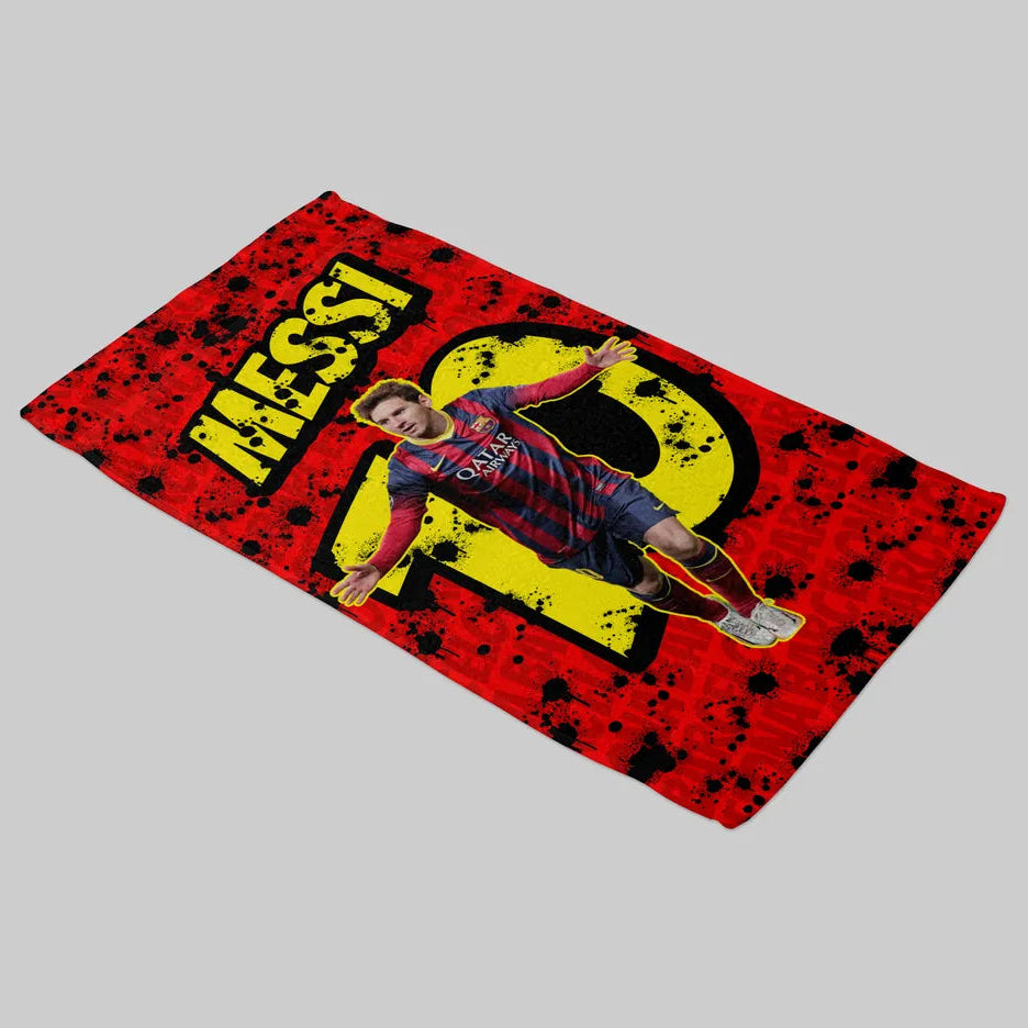 Red and black rug with a soccer player and 'Messi' text on a gray background