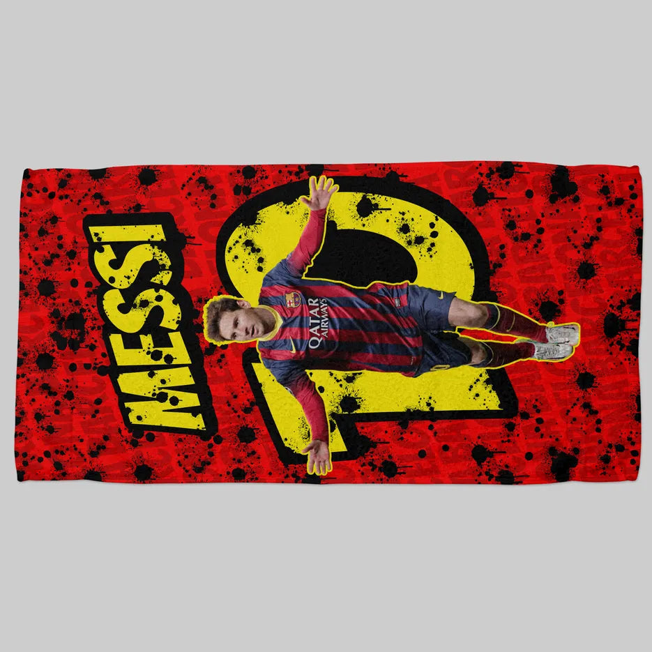 Towel with a graphic of a soccer player and the name 'Messi' on a red background