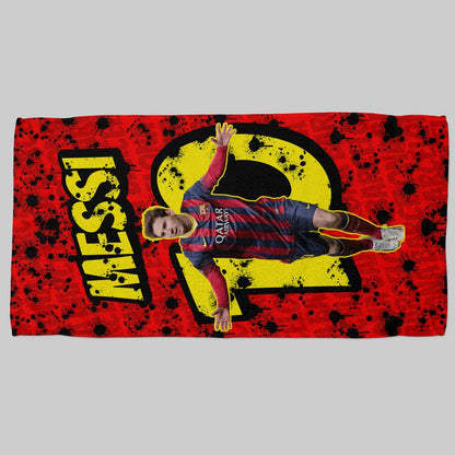 Towel with a graphic of a soccer player and the name 'Messi' on a red background