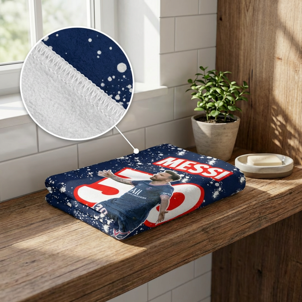 Folded blanket with a sports team logo and player image on a wooden surface, with a close-up of the fabric texture.