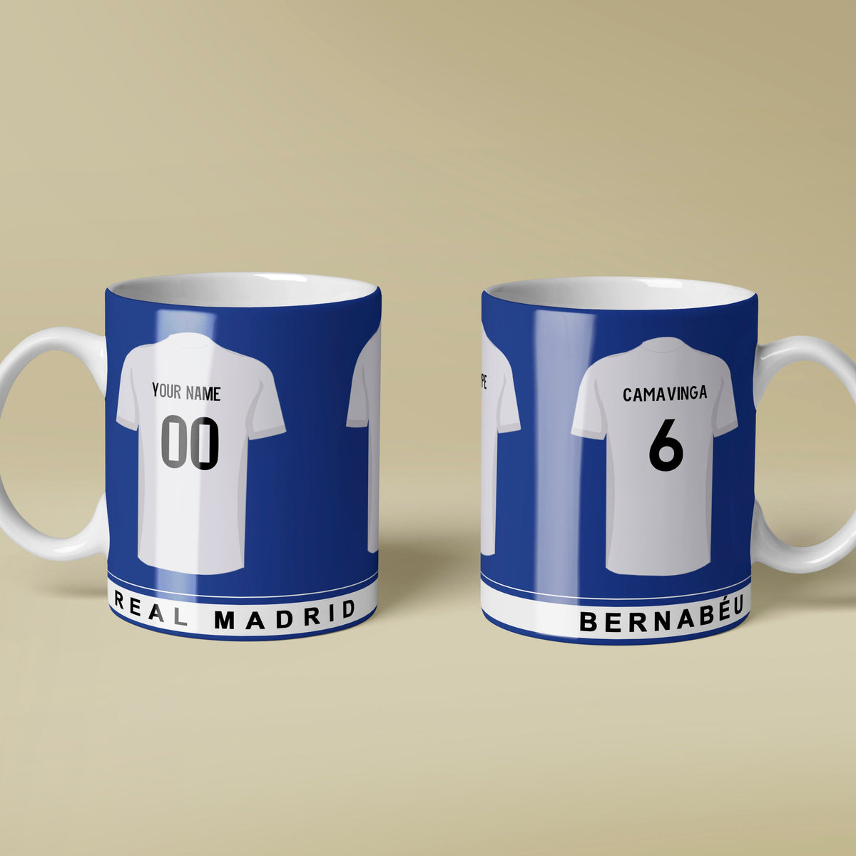 Two mugs with soccer jersey designs on a beige background