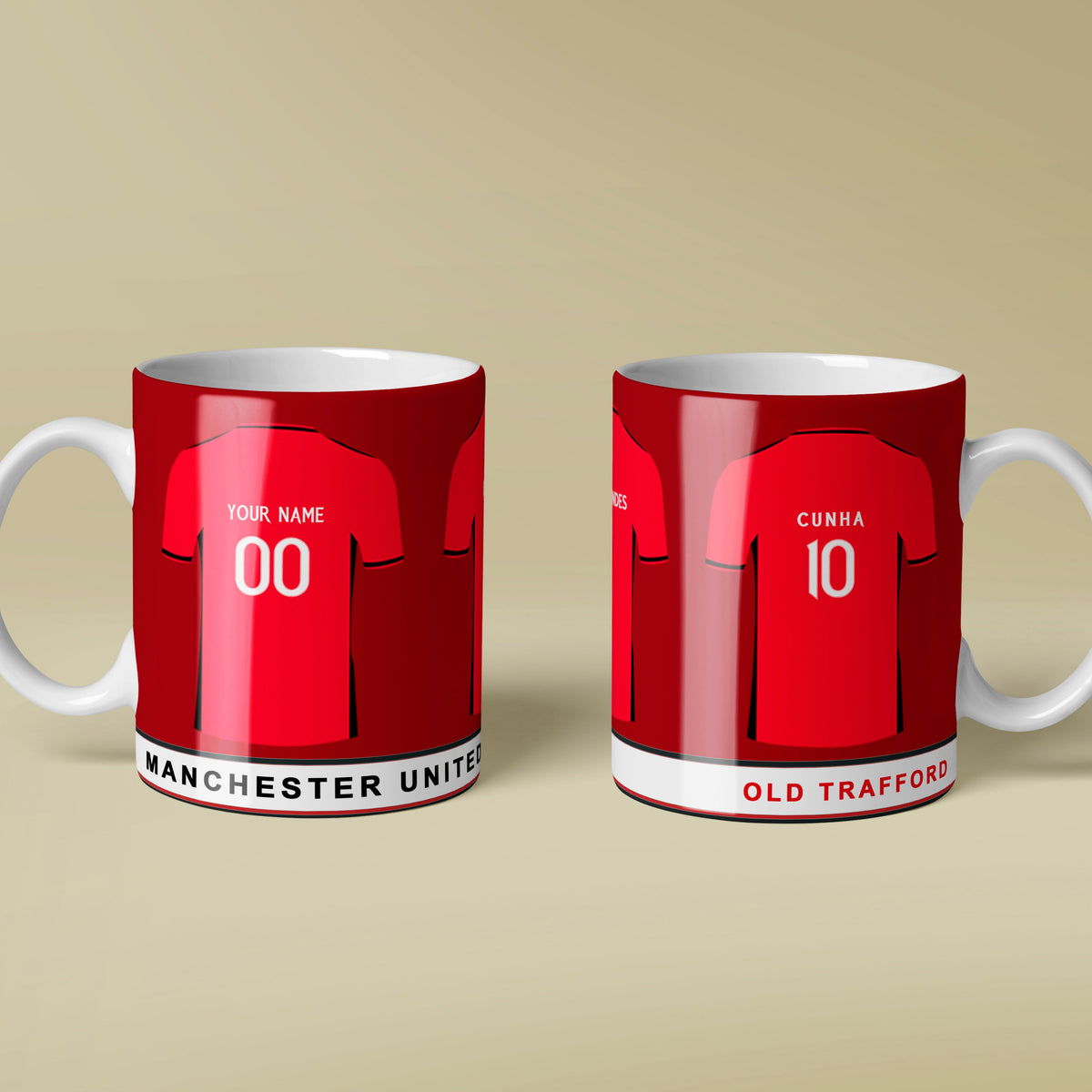 Two red mugs with Man United design on a beige background