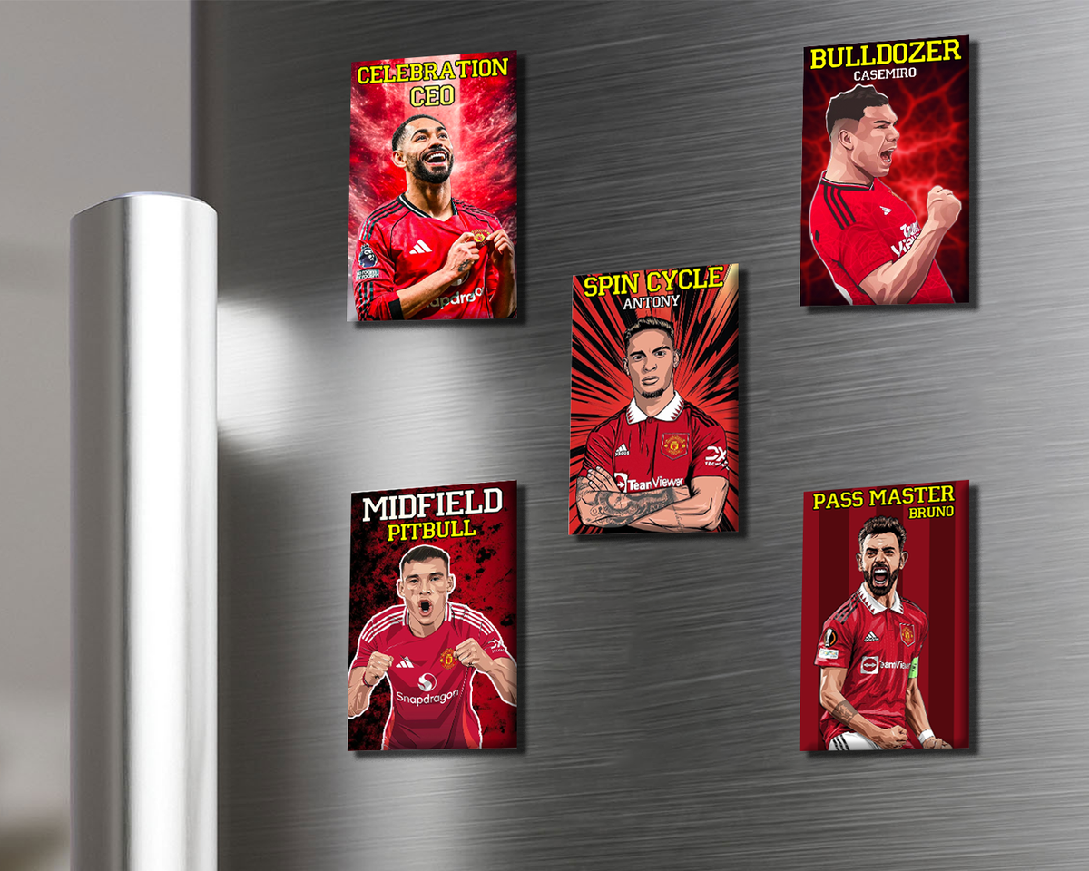 Five soccer player magnets on a metallic surface