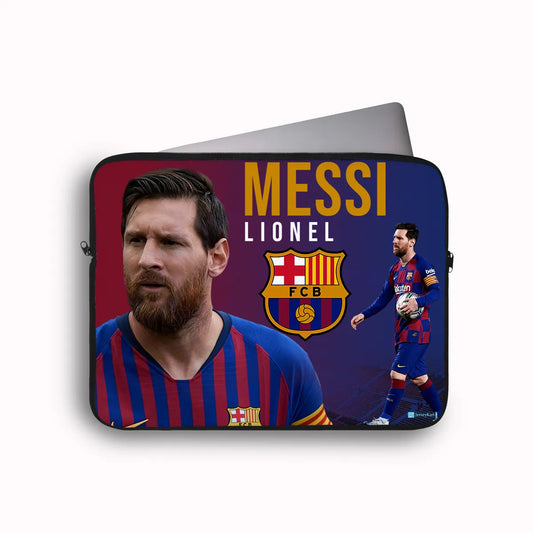 Laptop sleeve with Lionel Messi design featuring Barcelona FC logo