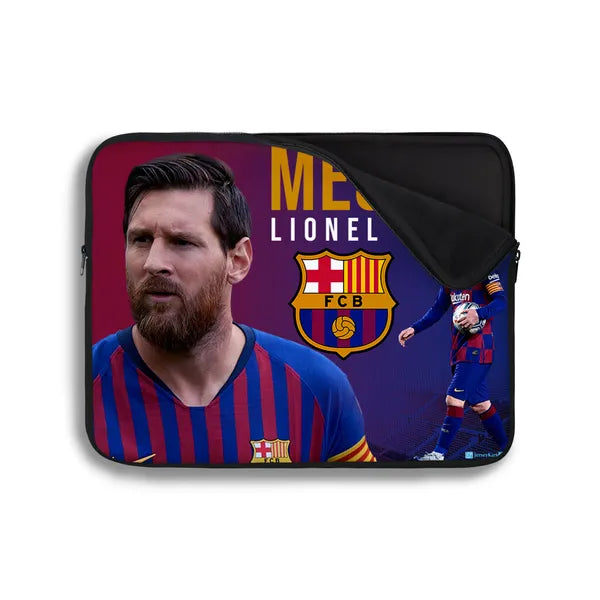 Laptop sleeve with a soccer player design and FC Barcelona logo