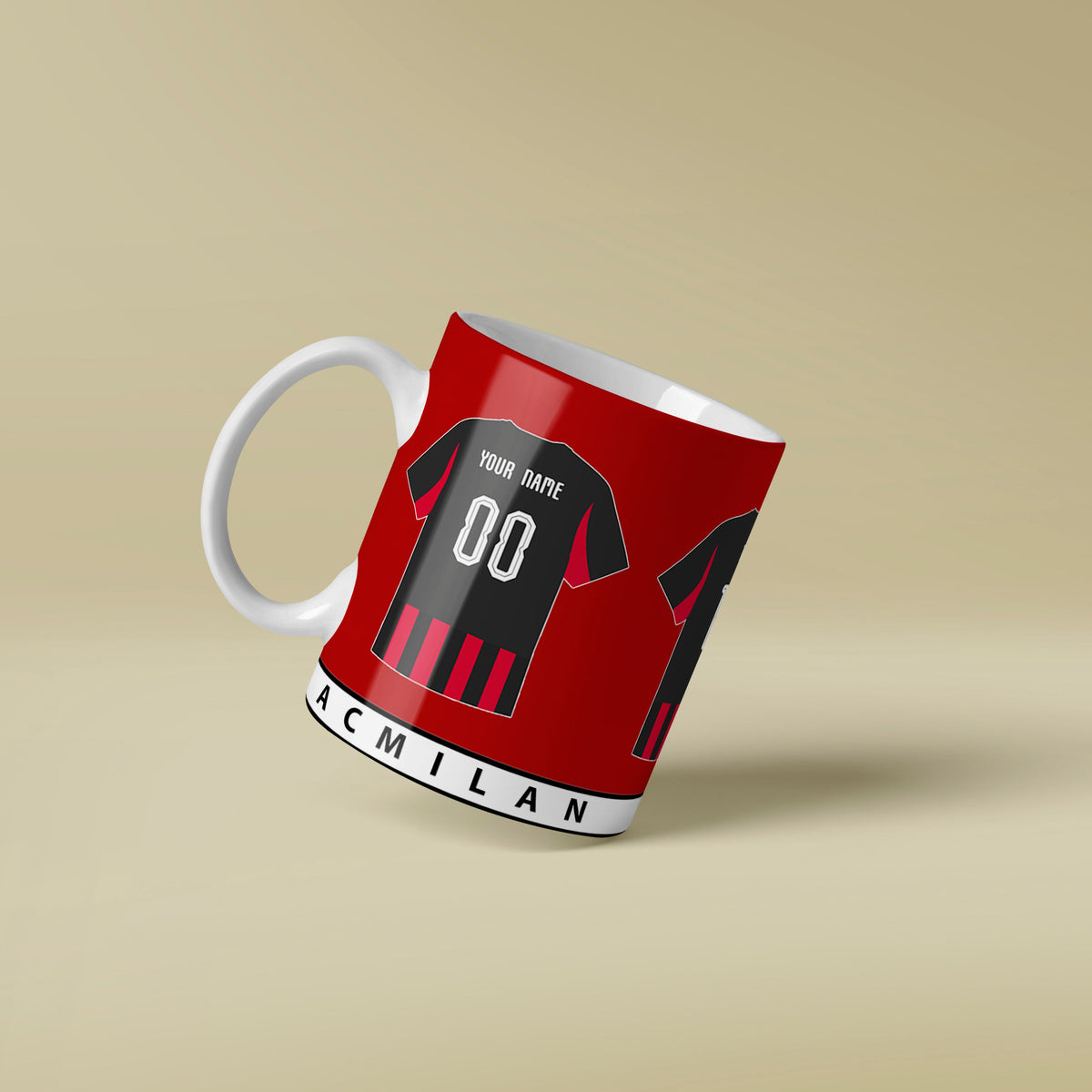 Mug designed like a soccer jersey with  'Milan' branding on a beige background