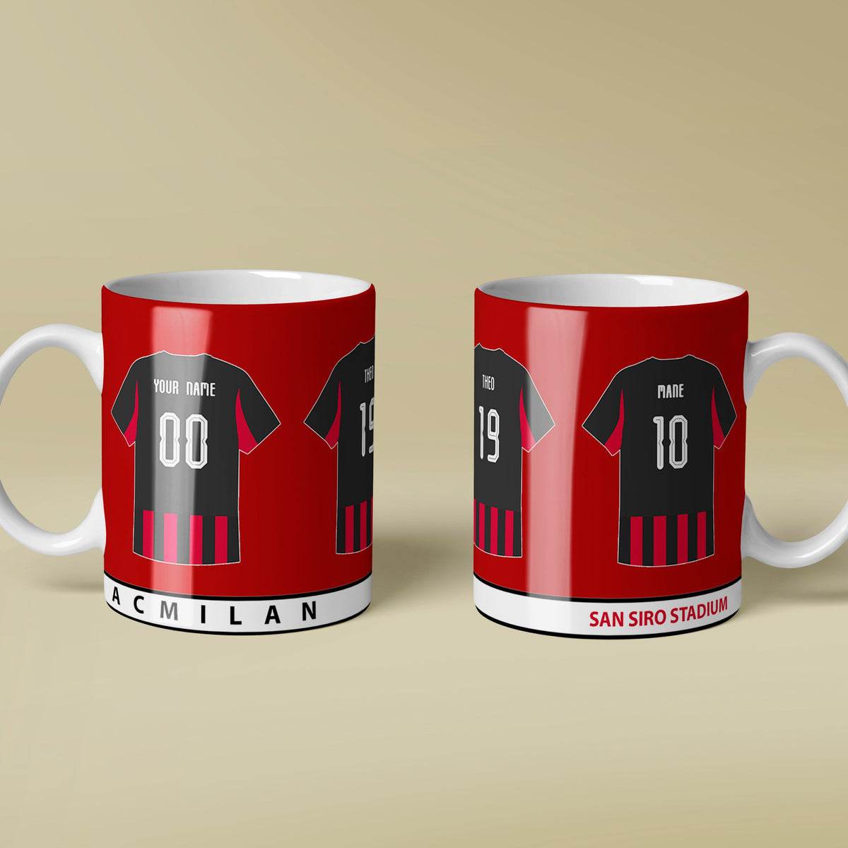 Two red and black coffee mugs with soccer team design on a beige background
