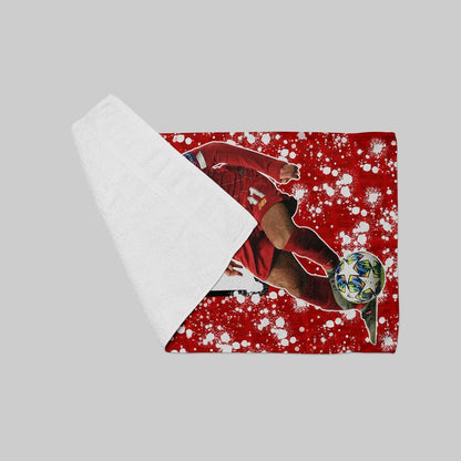 Red sports-themed poster with a person and soccer ball on a gray background