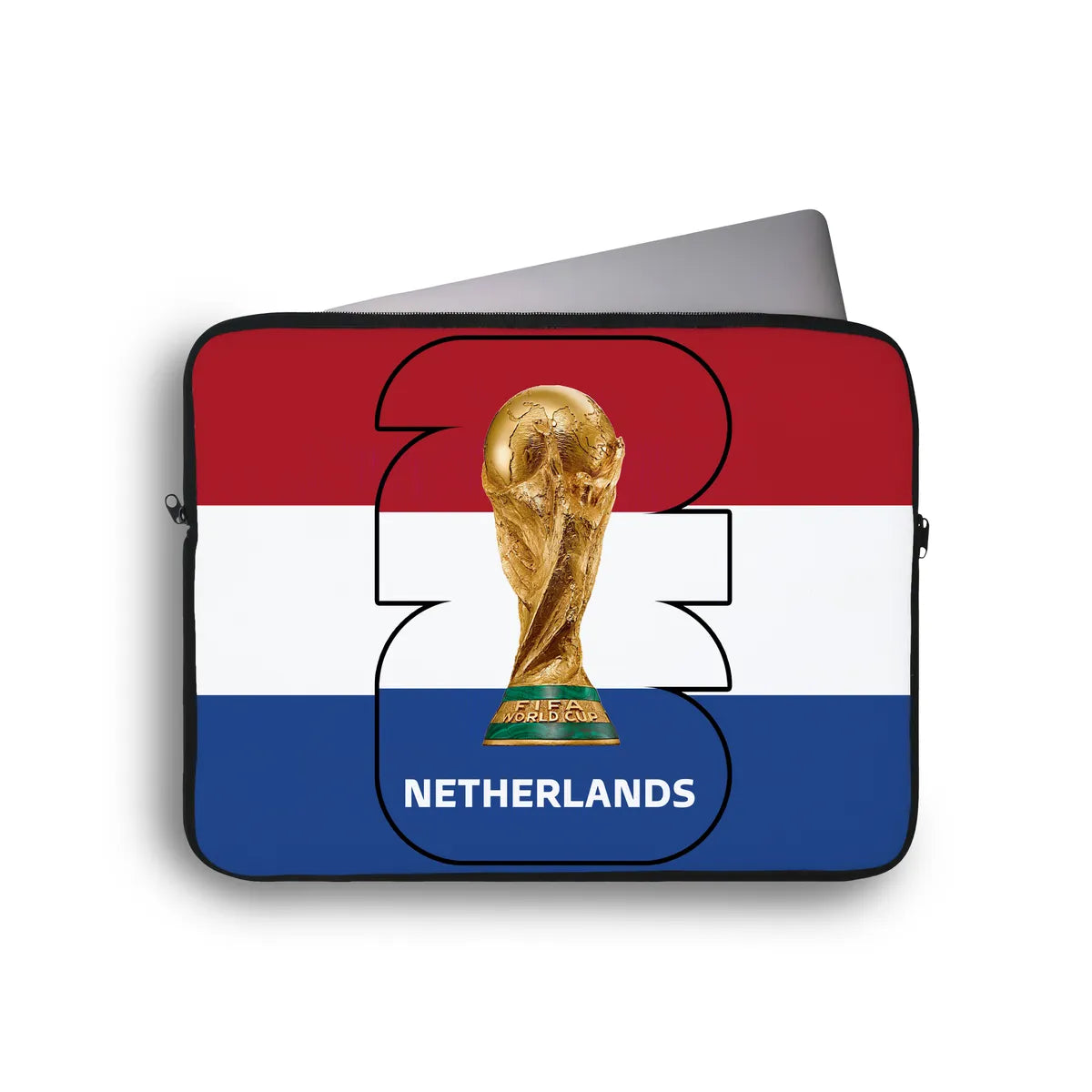 Laptop sleeve with World Cup trophy and Netherlands flag design on a white background