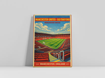 Vintage-style poster of Manchester United Old Trafford stadium on a gray background