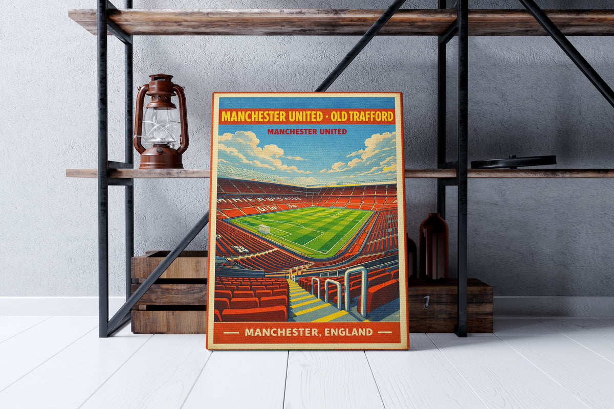 Manchester United Old Trafford poster on a shelf with a lantern and wooden crate.