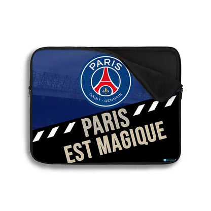 Laptop sleeve with Paris Saint-Germain logo and 'Paris est Magique' text on a white background