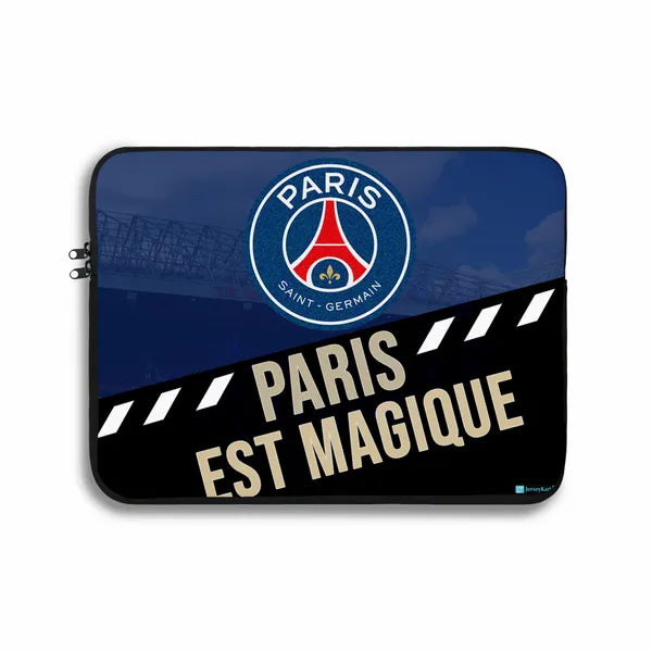 Laptop sleeve with Paris Saint-Germain logo and 'Paris est Magique' text on a blue and black background