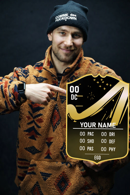 Man wearing a patterned jacket and beanie with a graphic design overlay on a dark background