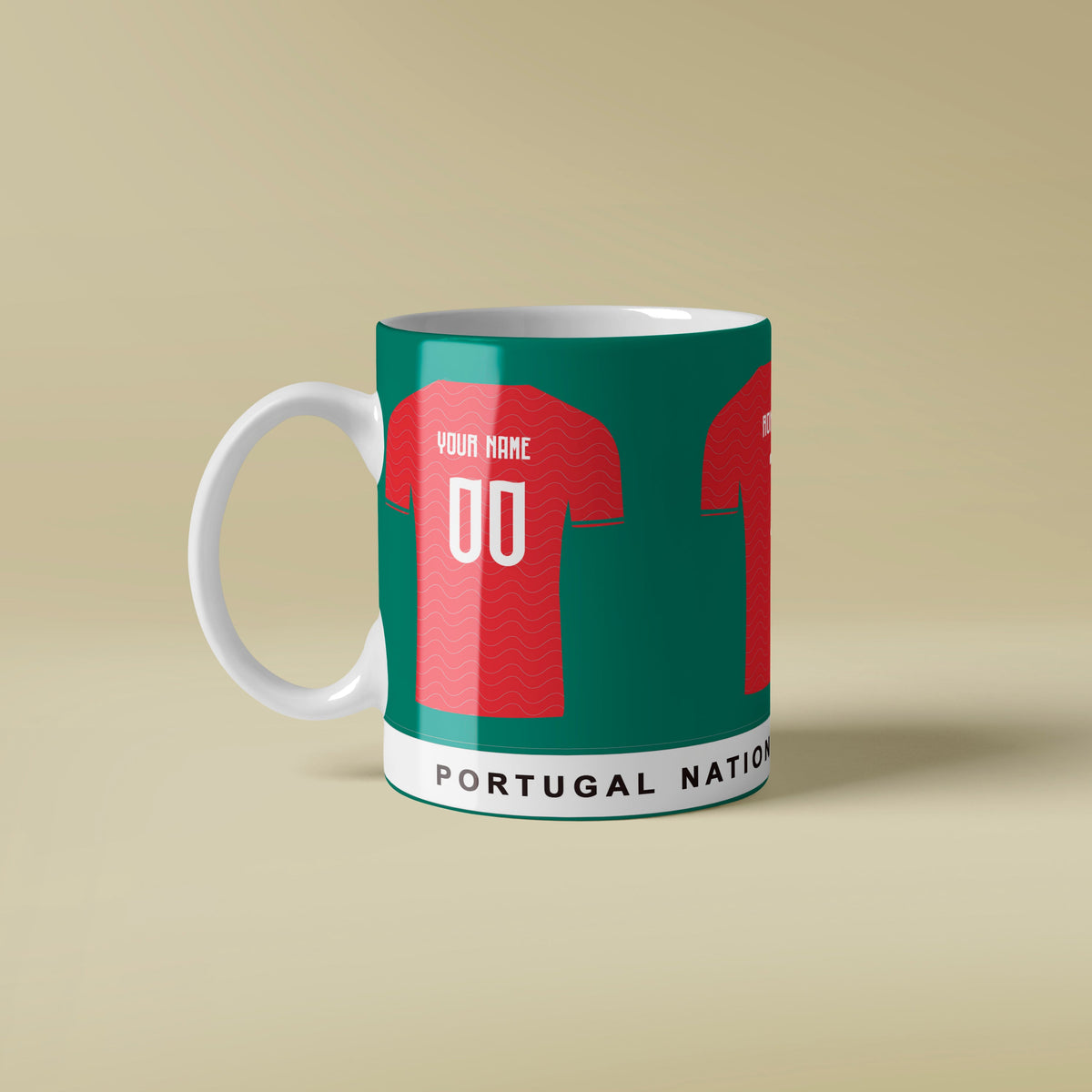 Mug with a design resembling a Portugal national team jersey on a beige background