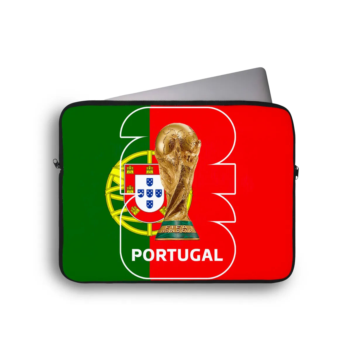 Laptop sleeve with Portugal flag and World Cup trophy design on a white background