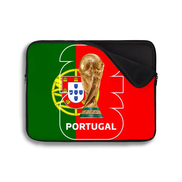 Laptop sleeve with Portugal flag and World Cup trophy design on a white background