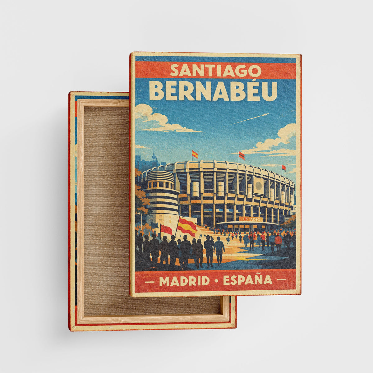Stylized poster of Santiago Bernabéu stadium with people and flags on a light gray background