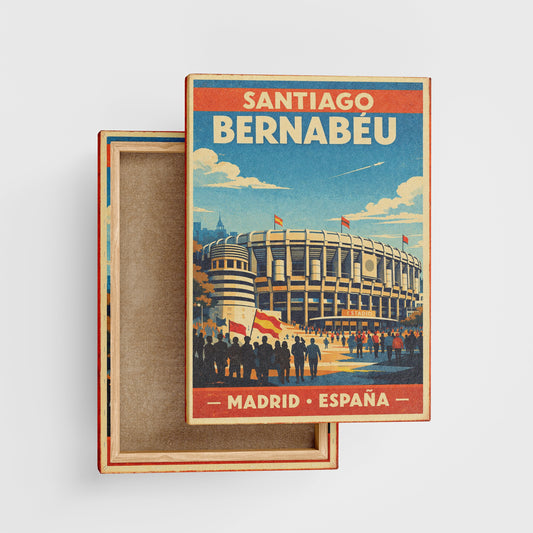 Stylized poster of Santiago Bernabéu stadium with people and flags on a light gray background