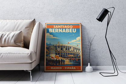 Poster of Santiago Bernabéu stadium in a modern living room setting.