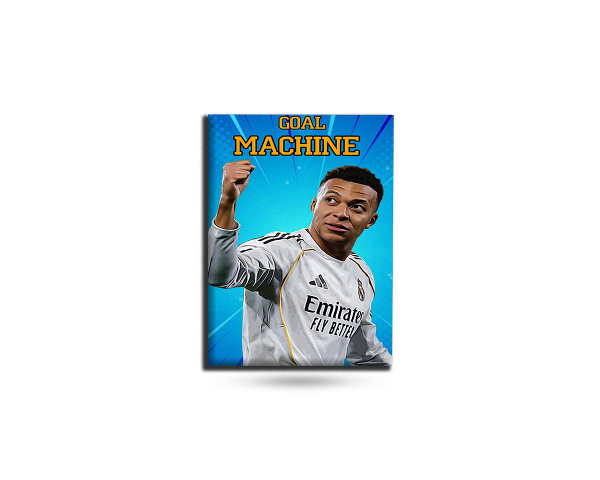 Soccer player in a jersey with 'Emirates' branding on a blue background, labeled 'Goal Machine'.