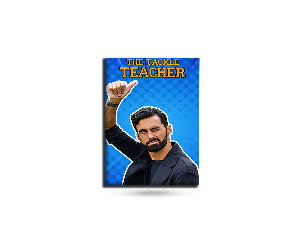 Product packaging for 'The Tackle Teacher' with a person in a blue jacket on a white background