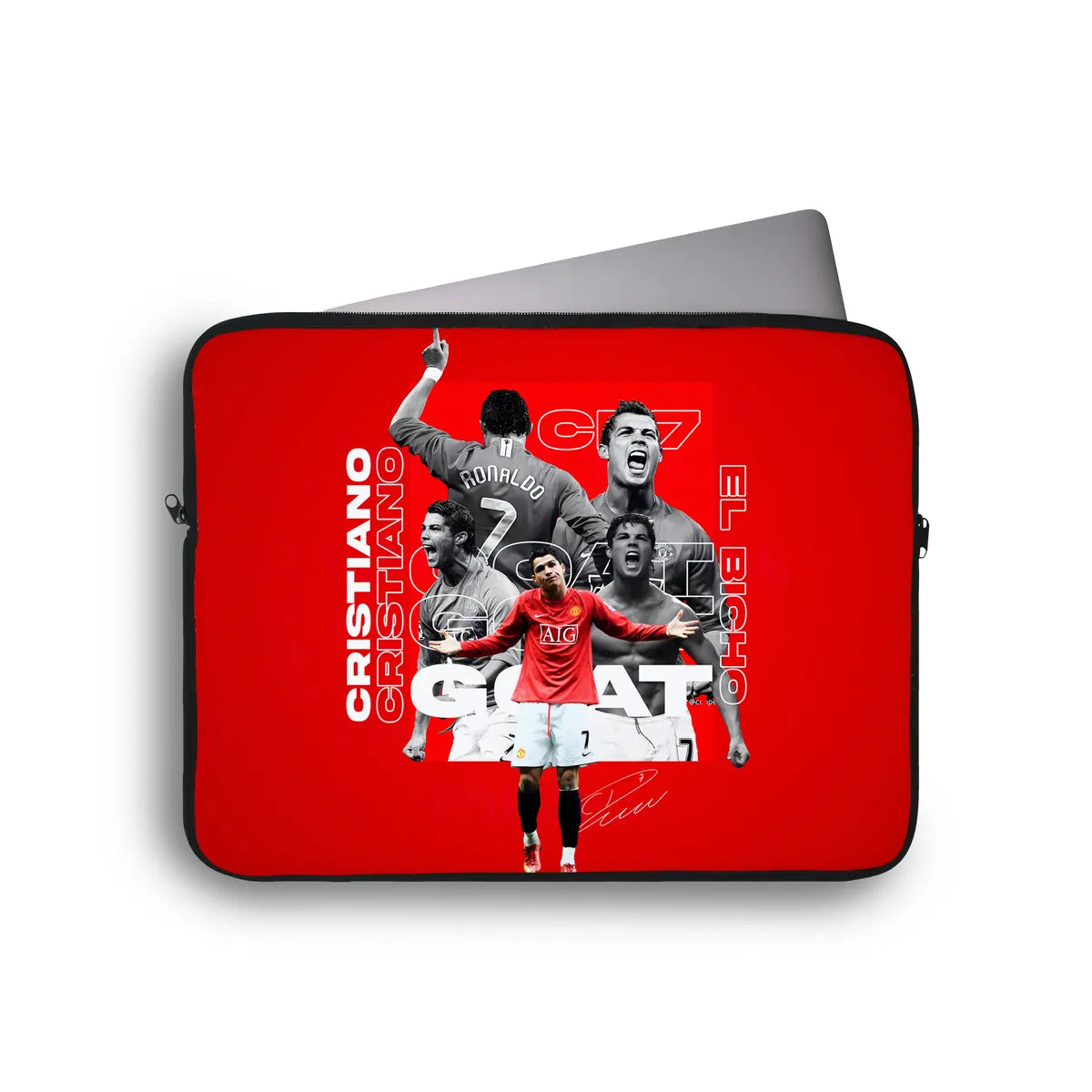 Laptop sleeve with soccer player images and text on a red background